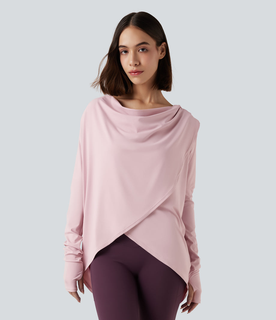 Hooded Cowl Neck Long Sleeve Thumb Hole Yoga Sports Top with Pockets - Pale Lilac