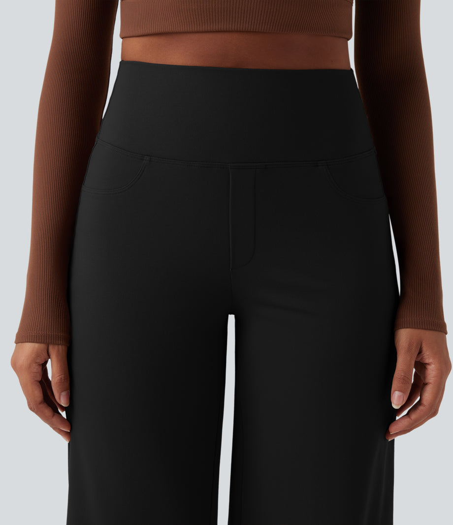 DayStretch High Waisted Tummy Control Wide Leg Baggy Yoga Pants with Pockets - Black