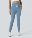 SoftlyZero™ Plush High Waisted Drawstring Pocket Plain Full Length Joggers - Grey Blue