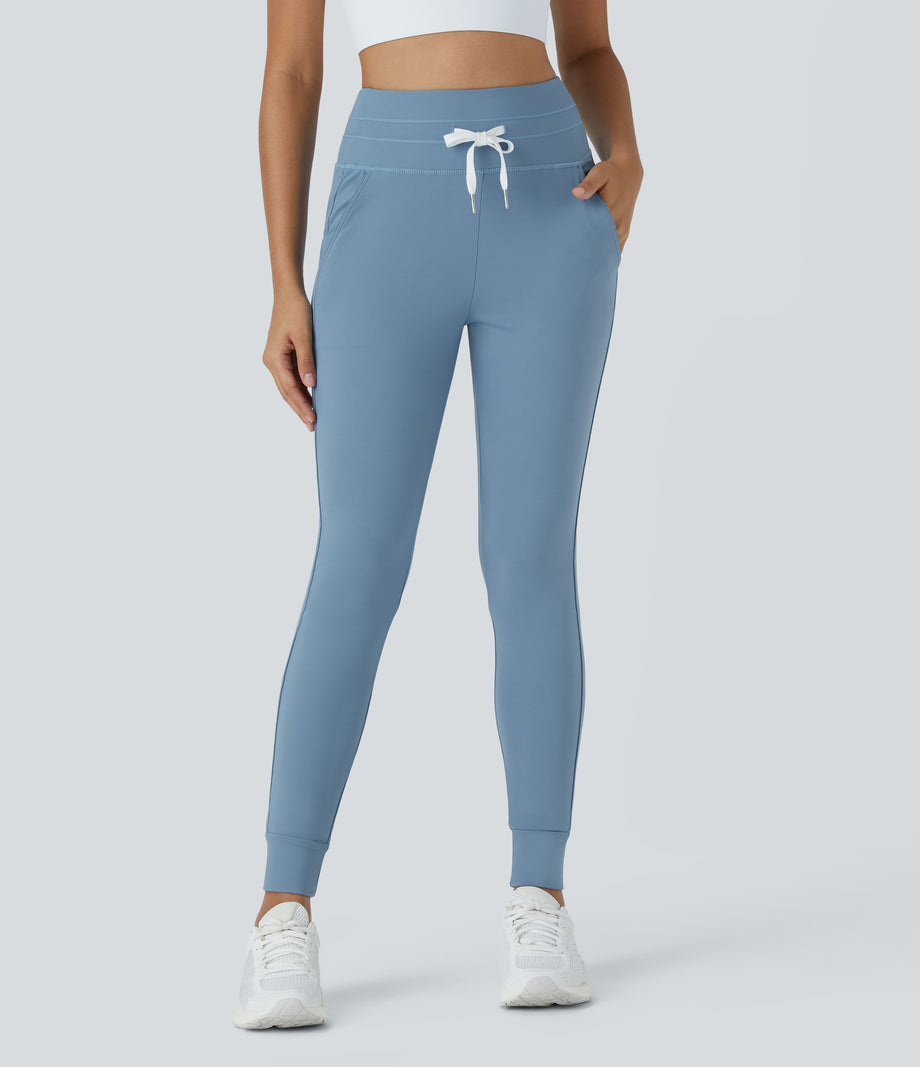 SoftlyZero™ Plush High Waisted Drawstring Pocket Plain Full Length Joggers - Grey Blue