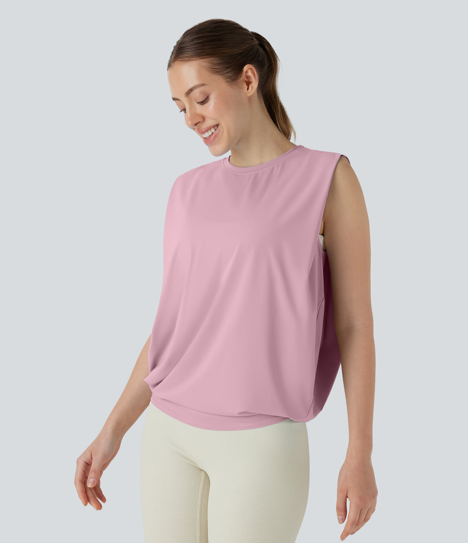 Round Neck Ruched Cool Touch Yoga Tank Top-UPF50+ - Pink Nectar