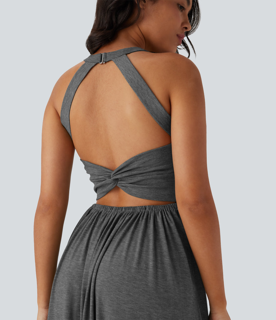 Twisted Backless Split Flowy Maxi Resort Dress with Pockets - Darl Gray Floral Yarn