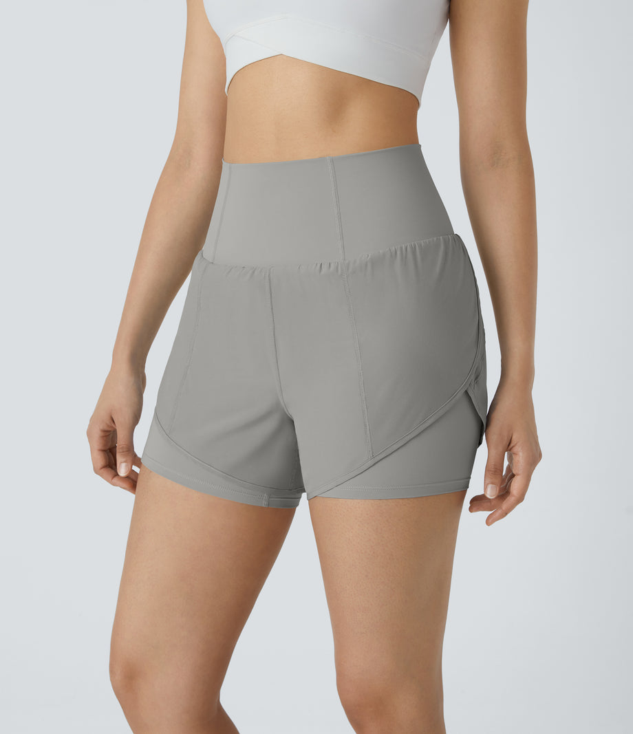 Breezeful™ Super High Waisted Curved Hem 2-in-1 Pocket Quick Dry Yoga Shorts 3.5'' - Greenish Grey