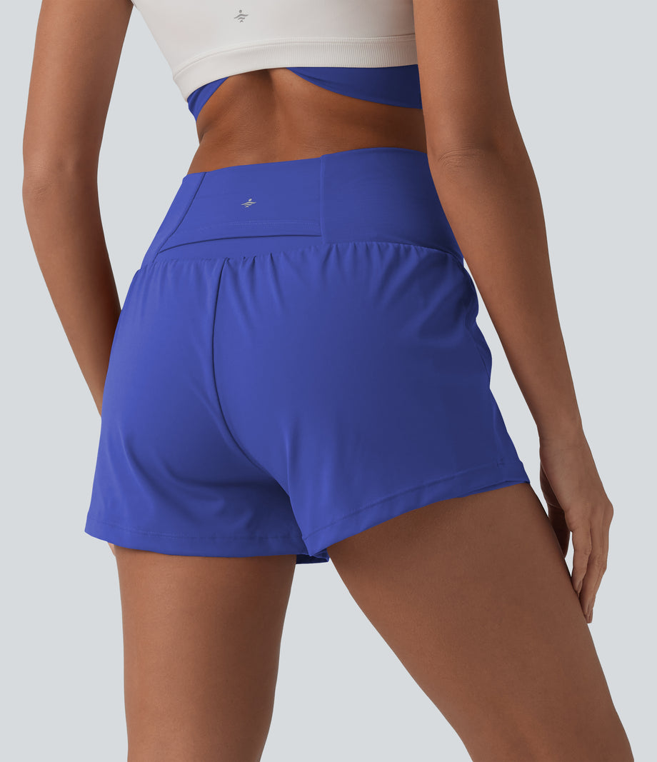 SoftlyZero™ Airy Crossover High Waisted 2-in-1 Cool Touch Yoga Shorts 3'' with Pockets - Aster Blue