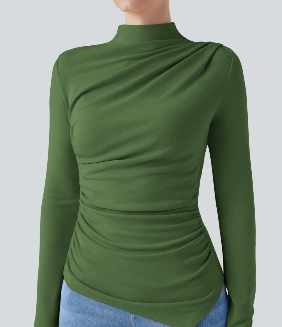 Mock-neck Long Sleeve Ruched Asymmetric Hem Thermal Casual Top - Cactus
