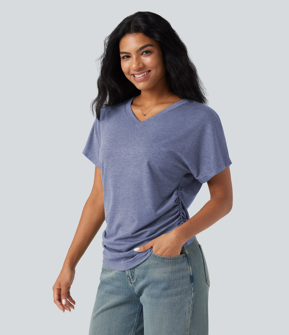 V-neck Short Sleeve Ruched Relaxed Casual Top - Light Blue Floral Yarn