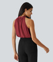 Keyhole Back Halter Sleeveless Curved Hem Work Blouse - Plum Bossom Red