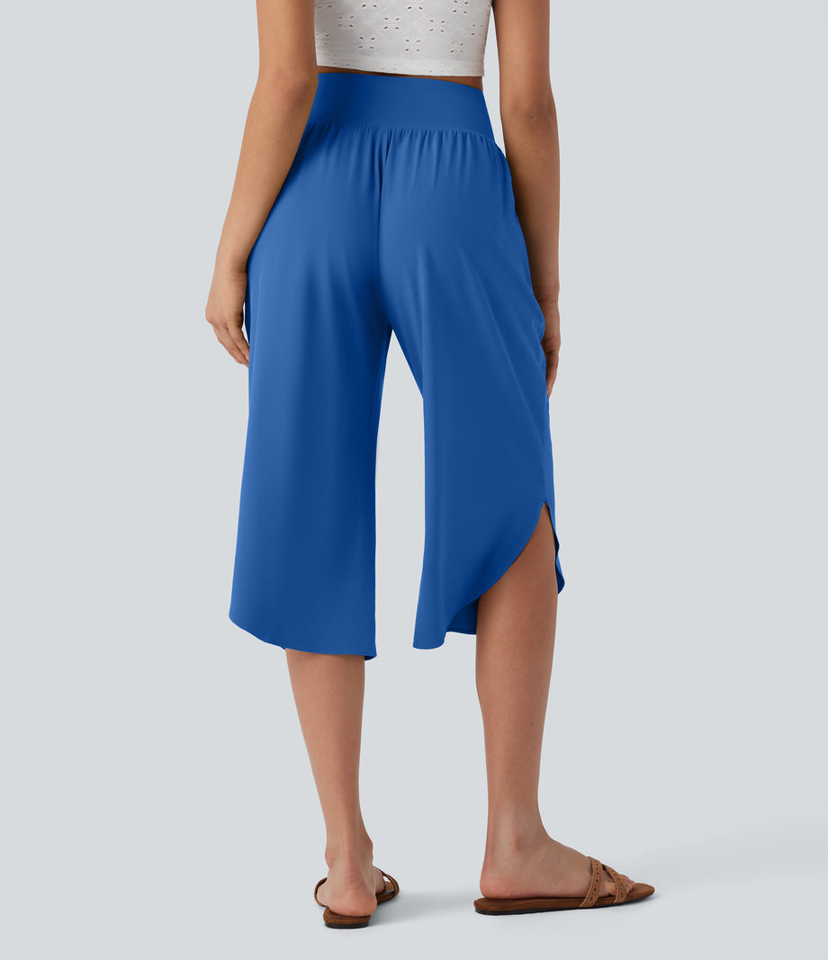 Breezeful™ High Waisted Tummy Control Hem Quick Dry Capri Pants with Pockets - Nebulas Blue