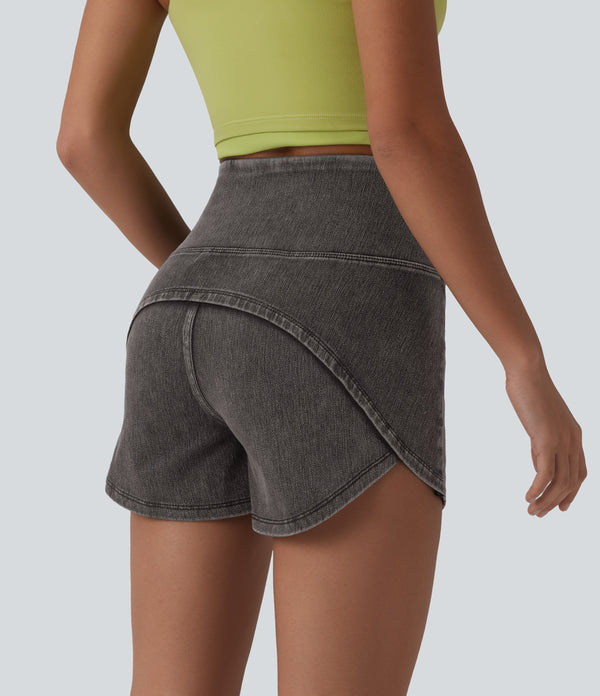 Halara Flex™ High Waisted Tummy Control Curved Hem Skinny Denim Casual Shorts with Pockets - Poppy Seed Denim