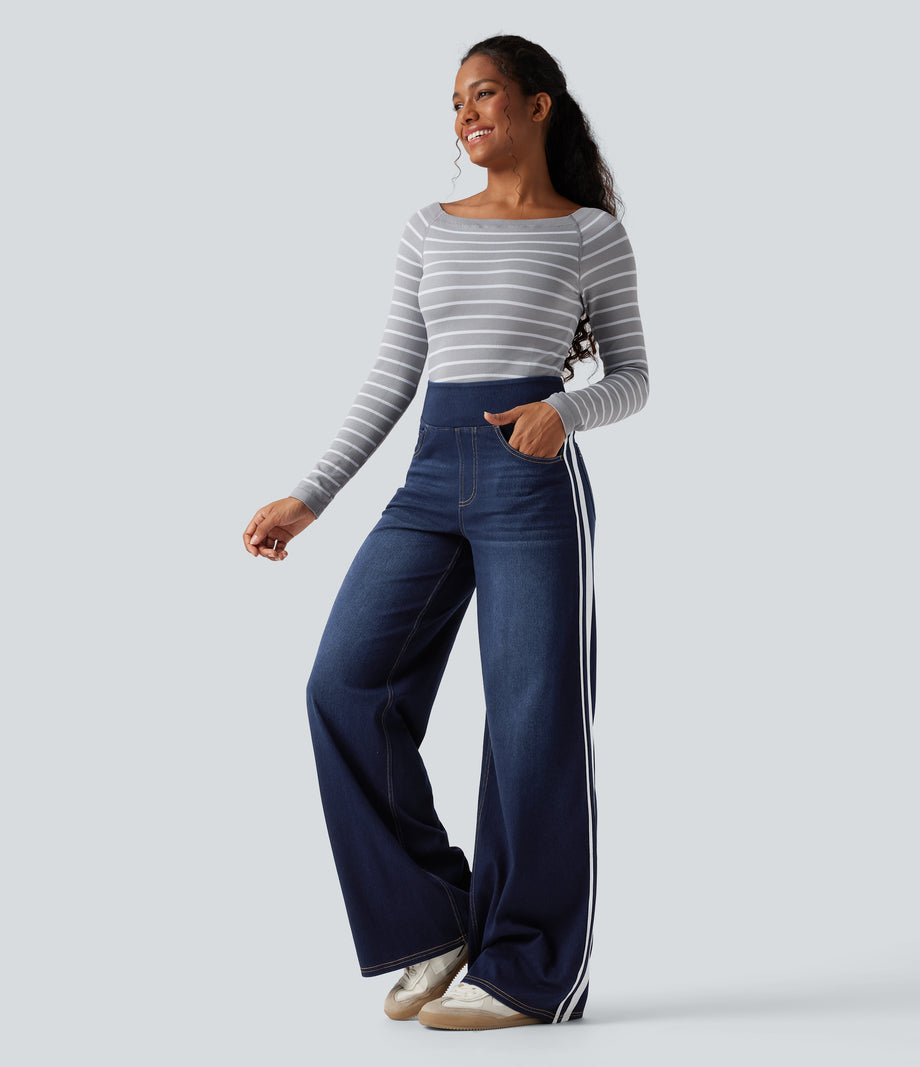 Halara Flex™ High Waisted Stripe Wide Leg Flowy Washed Casual Jeans with Pockets - Inkling  Blue Denim