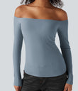 Ribbed Knit Off Shoulder Long Sleeve 2-in-1 Casual Top - Dusty Blue