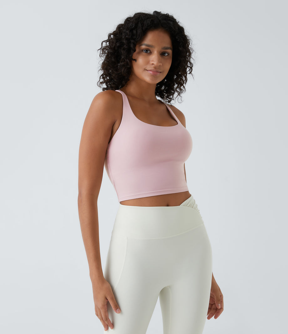 Crisscross Backless Built-in Bra Cropped Running Tank Top A-D Cups - Peachskin