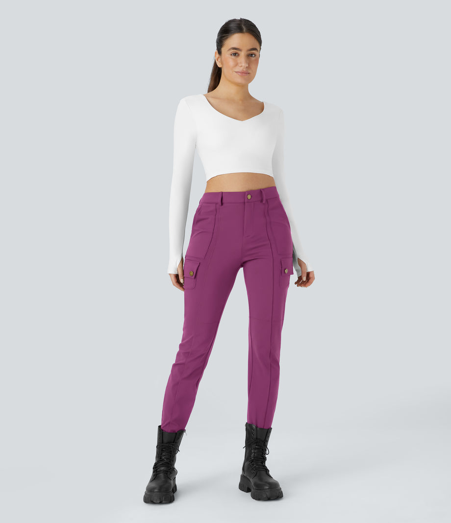 DayStretch High Waisted Zipper Pockets Solid Skinny Cargo Pants - Deep Orchid
