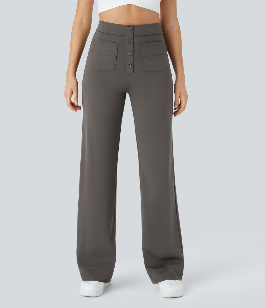 DayStretch High Waisted Pockets Straight Leg Casual Pants - Deep Red Grey