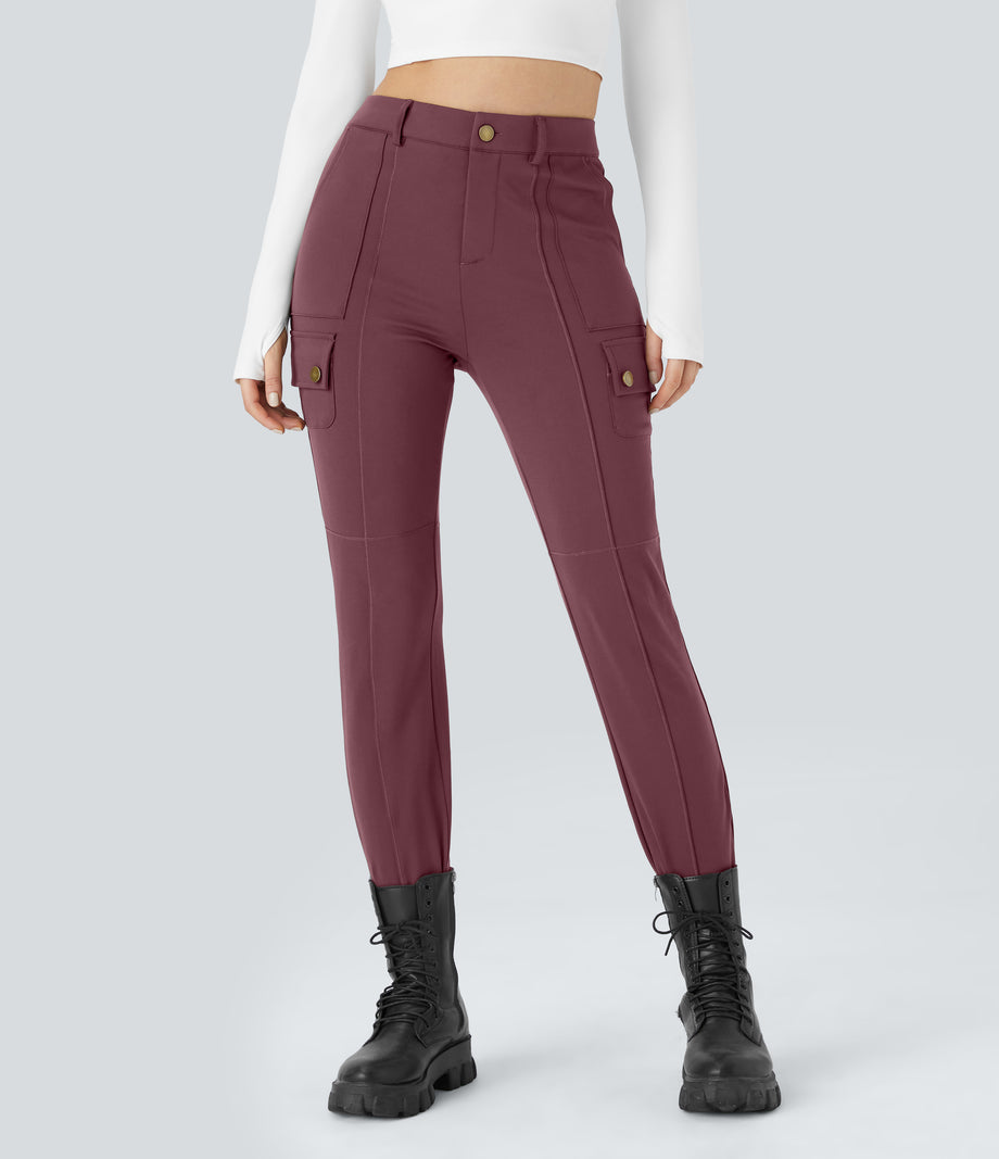DayStretch High Waisted Zipper Pockets Solid Skinny Cargo Pants - Red Mahogany