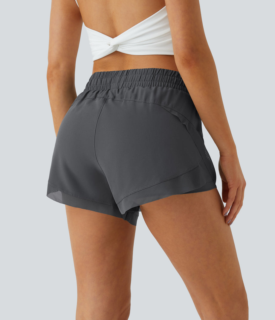 Mid Rise Drawstring Contrast Mesh 2-in-1 Flowy Running Shorts 3'' - Dark Grey
