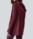Hooded Cowl Neck Long Sleeve Thumb Hole Yoga Sports Top with Pockets - Chocolate Truffle