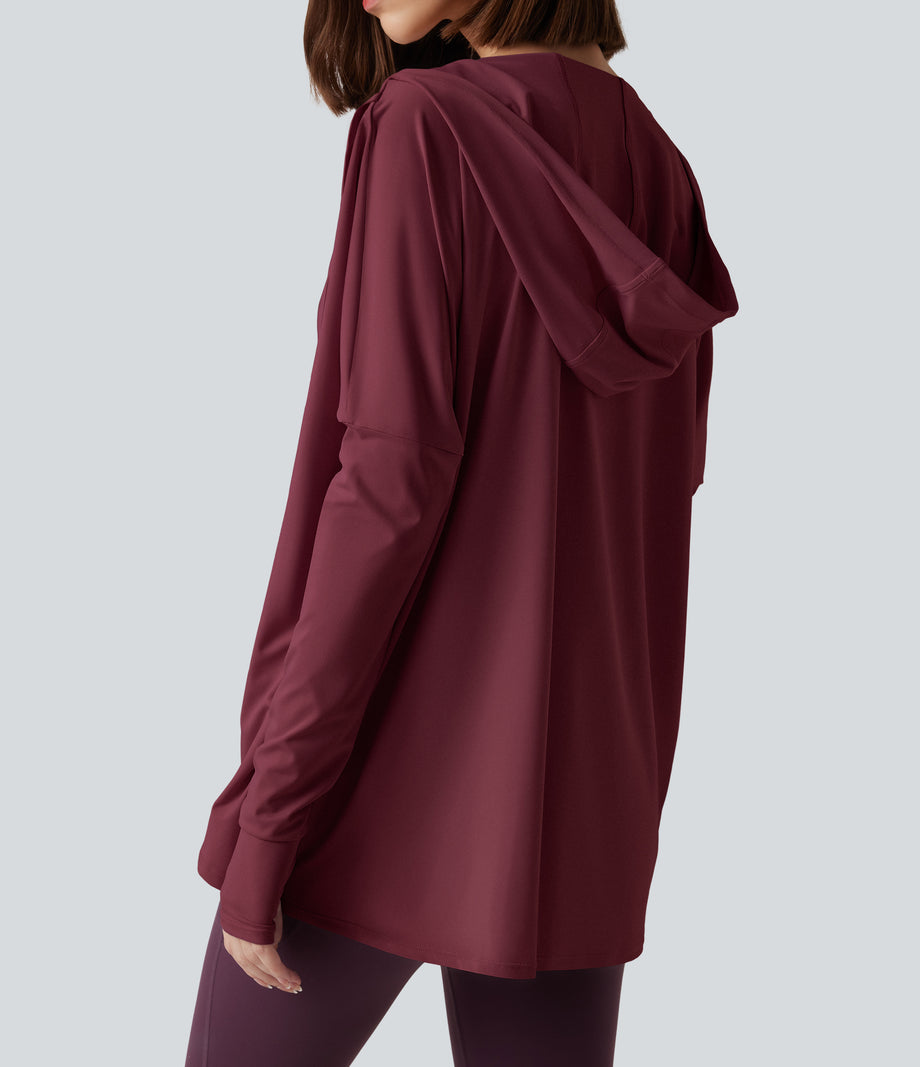Hooded Cowl Neck Long Sleeve Thumb Hole Yoga Sports Top with Pockets - Chocolate Truffle