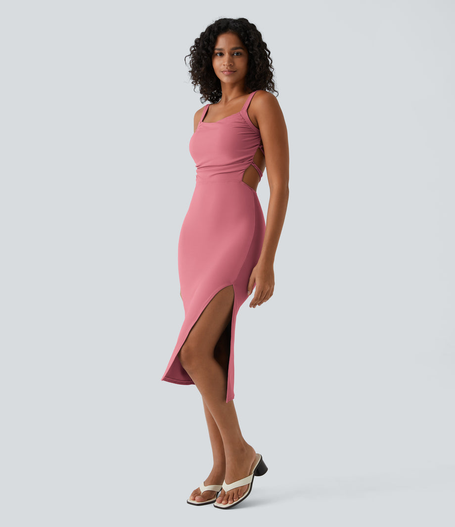 Ruched Lace Up Bodycon Midi Casual Dress - Begonia Rouge