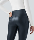 High Waisted Tummy Control Stretchy PU Fleece 7/8 Skinny Casual Leggings with Pockets - Stratified Sea