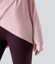 Hooded Cowl Neck Long Sleeve Thumb Hole Yoga Sports Top with Pockets - Pale Lilac