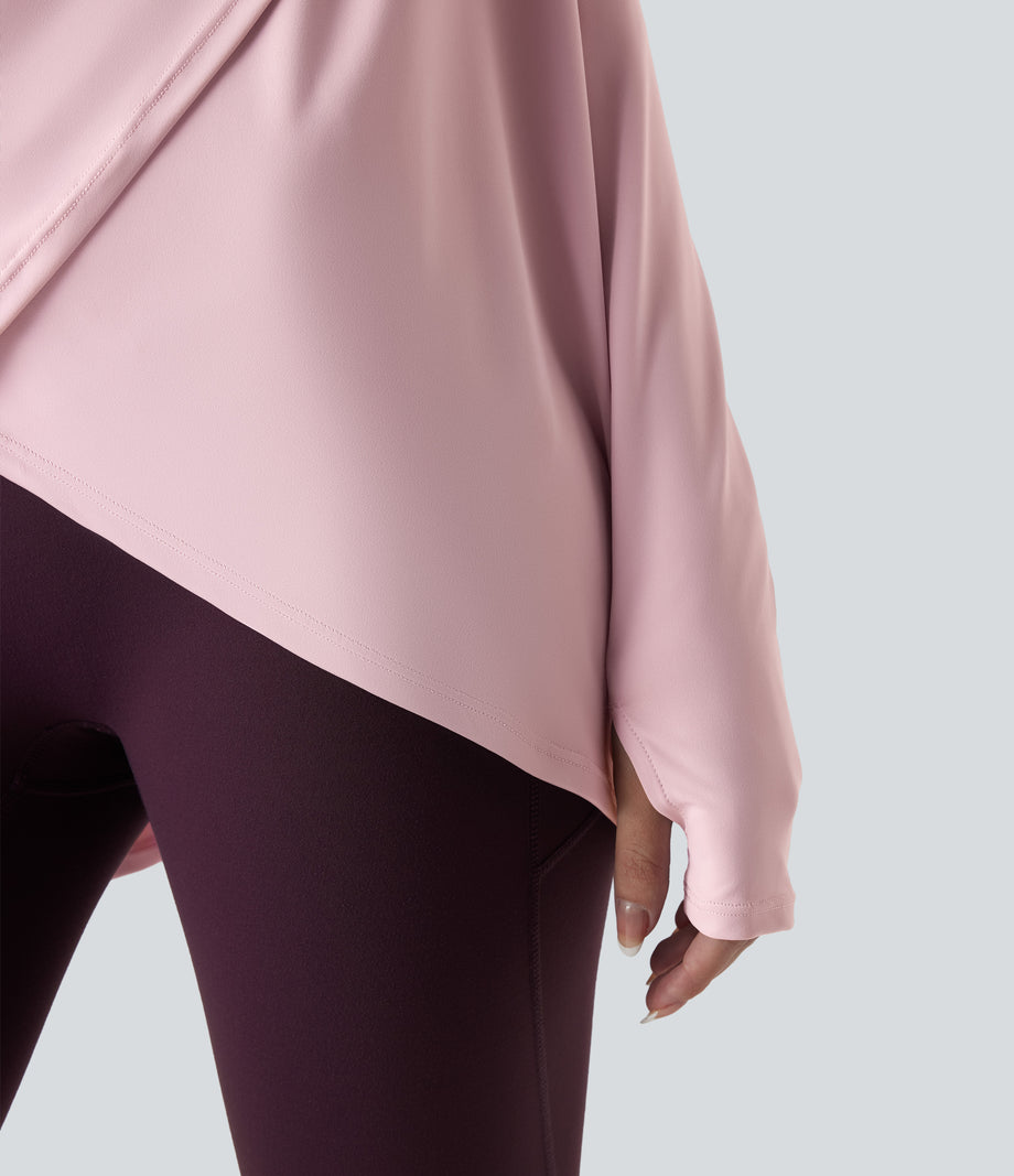 Hooded Cowl Neck Long Sleeve Thumb Hole Yoga Sports Top with Pockets - Pale Lilac
