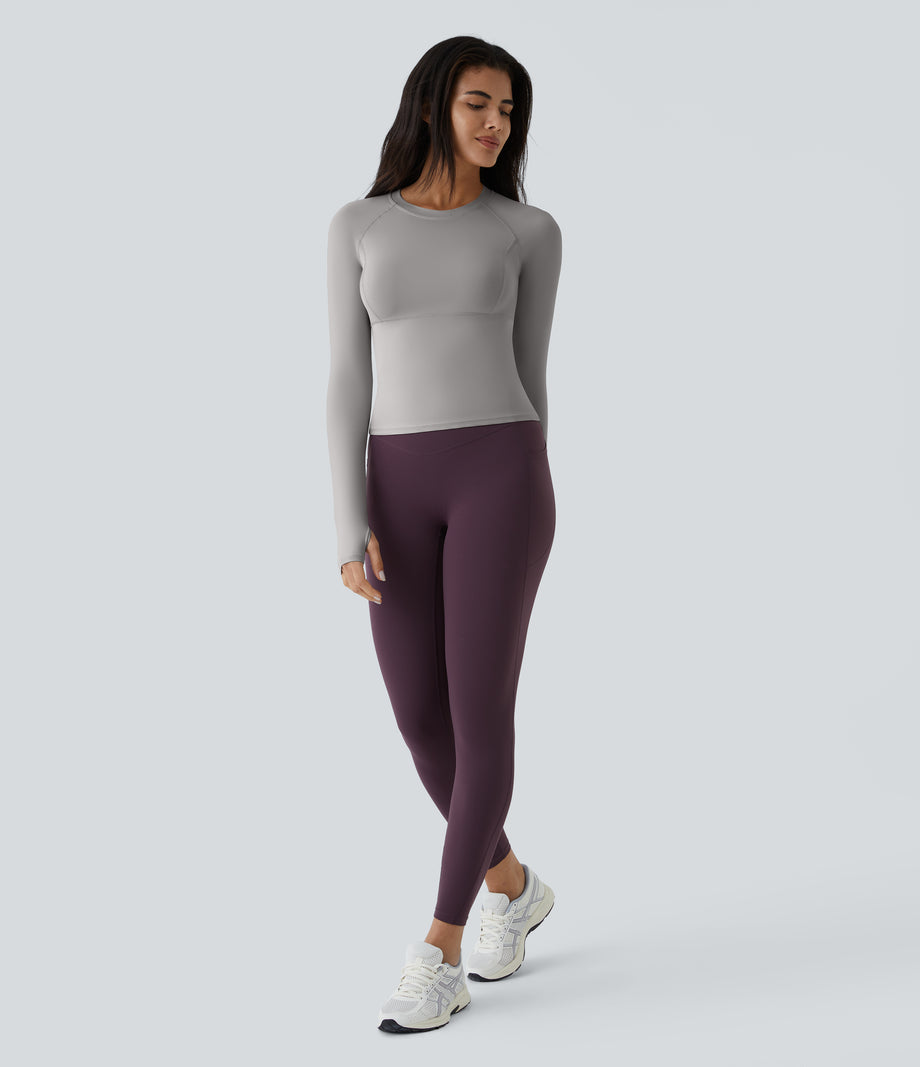 Solid Thumb Hole Yoga Sports Top - Mist Grey