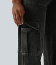 Halara Flex™ Mid Rise Pockets Straight Leg Casual Cargo Jeans - Hemp Rope Black Denim
