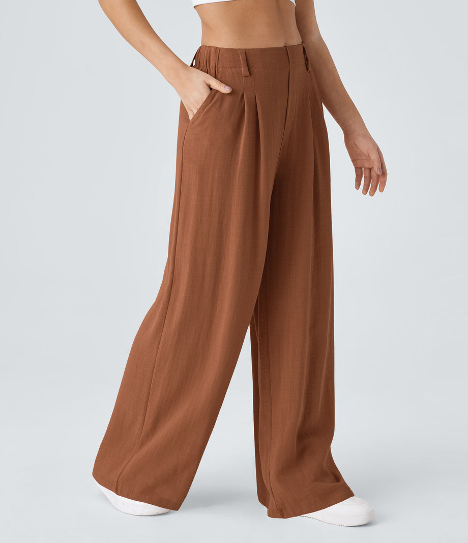 High Waisted Pocket Wide Leg Flowy Solid Palazzo Casual Linen-Feel Pants - Sierra