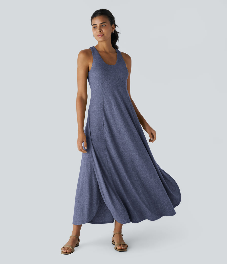 U Neck Flowy Maxi Casual Tank Dress - Mottled Indigo