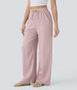 High Waisted Drawstring Pocket Wide Leg Baggy Casual Linen-Feel Pants - Mauveglow