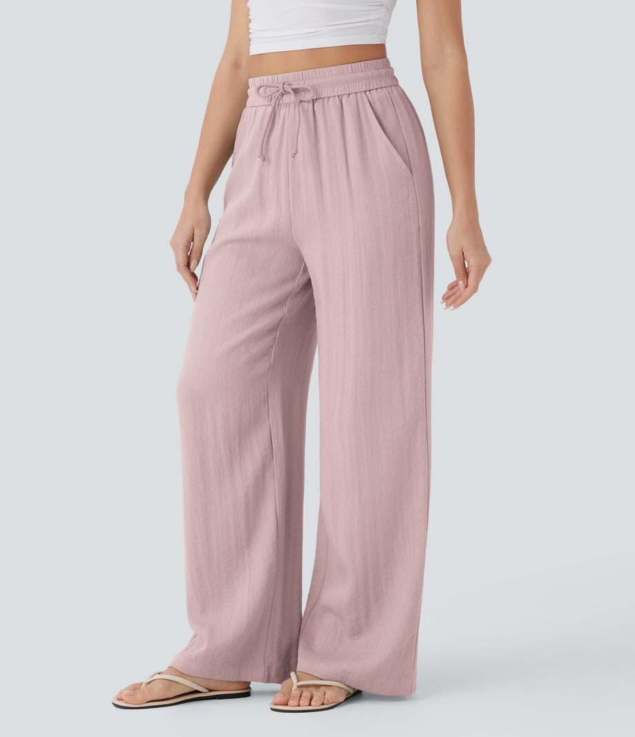 High Waisted Drawstring Pocket Wide Leg Baggy Casual Linen-Feel Pants - Mauveglow