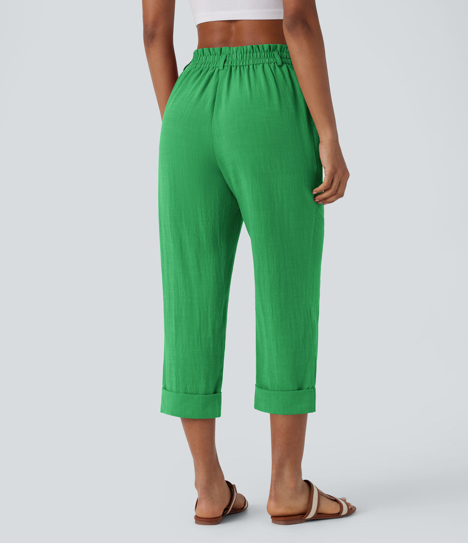 High Waisted Zipper Pocket Cropped Linen-Feel Pants - Kelly Green