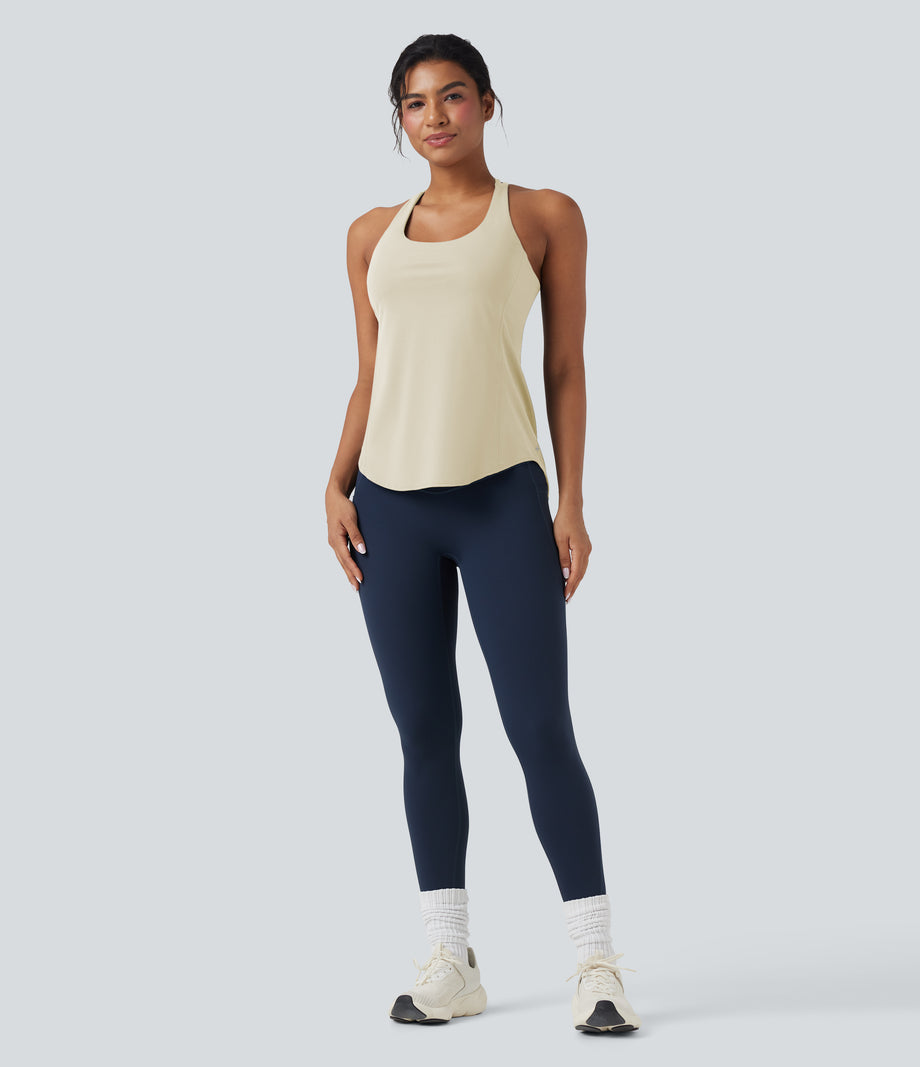 Halara UltraSculpt™ Round Neck Crisscross Back Running Tank Tops DD-F Cups - Almond Milk