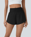 SoftlyZero™ QuickDry High Waisted Tummy Control Reflective Dots Crossover Hem 2-in-1 Running Shorts 3'' with Pockets - Black