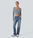 Halara Flex™ Low Rise Zipper Pockets Washed Casual Bootcut Jeans - Light Azure Blue Denim