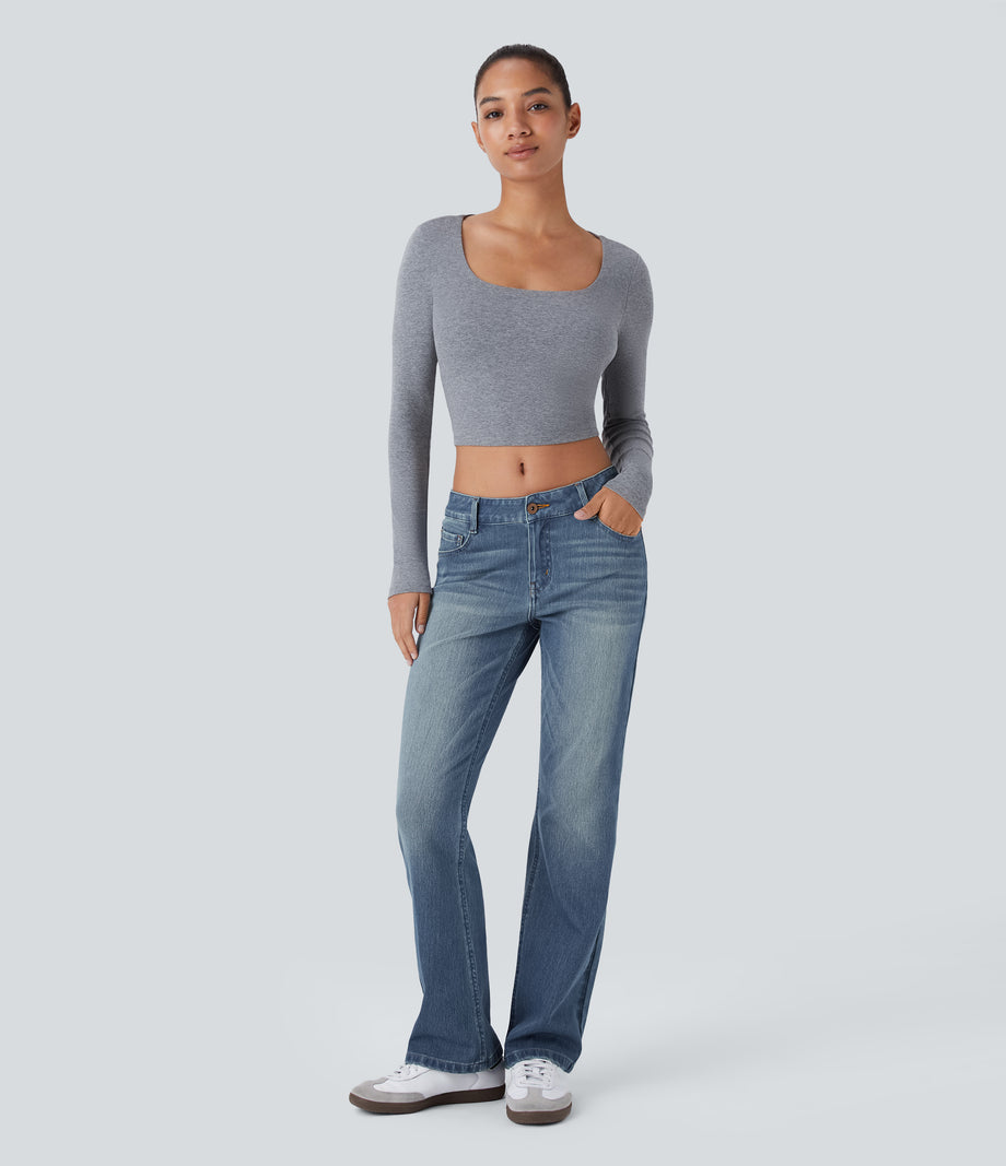 Halara Flex™ Low Rise Zipper Pockets Washed Casual Bootcut Jeans - Light Azure Blue Denim