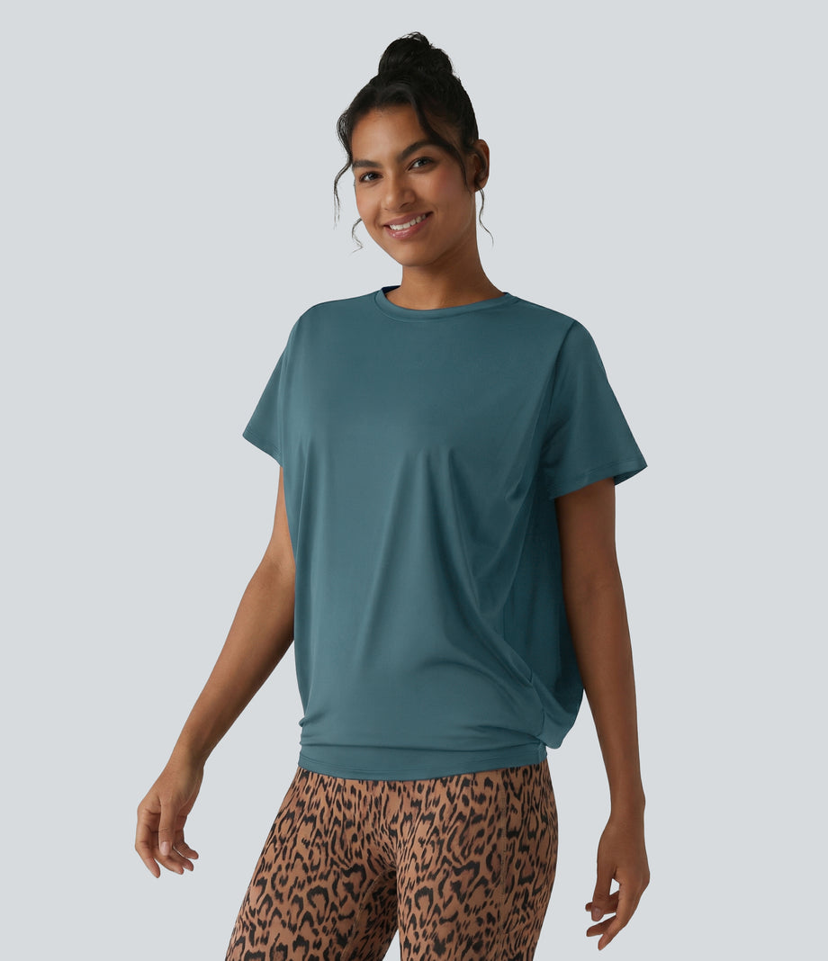 Round Neck Short Sleeve Ruched Cool Touch Yoga Sports Top-UPF50+ - Hydro