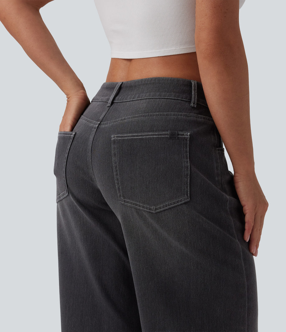 Halara Flex™ Low Rise Zipper Pockets Washed Baggy Wide Leg Casual Jeans - Poppy Seed Denim