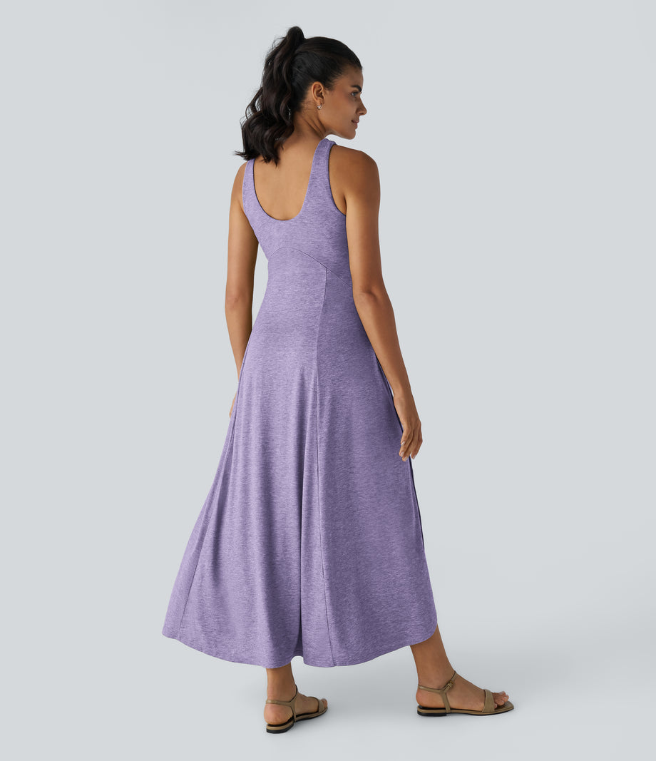 U Neck Flowy Maxi Casual Tank Dress - Light Purple Floral Yarn