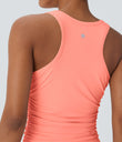 Round Neck Racerback Ruched Yoga Tank Top - Fusion Coral
