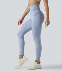 High Waisted Drawstring Striped Yoga Leggings with Pockets - Cloud Stripe