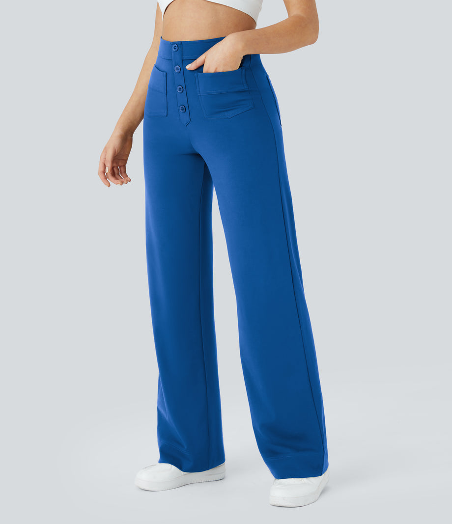 DayStretch High Waisted Pockets Straight Leg Casual Pants - Victoria Blue