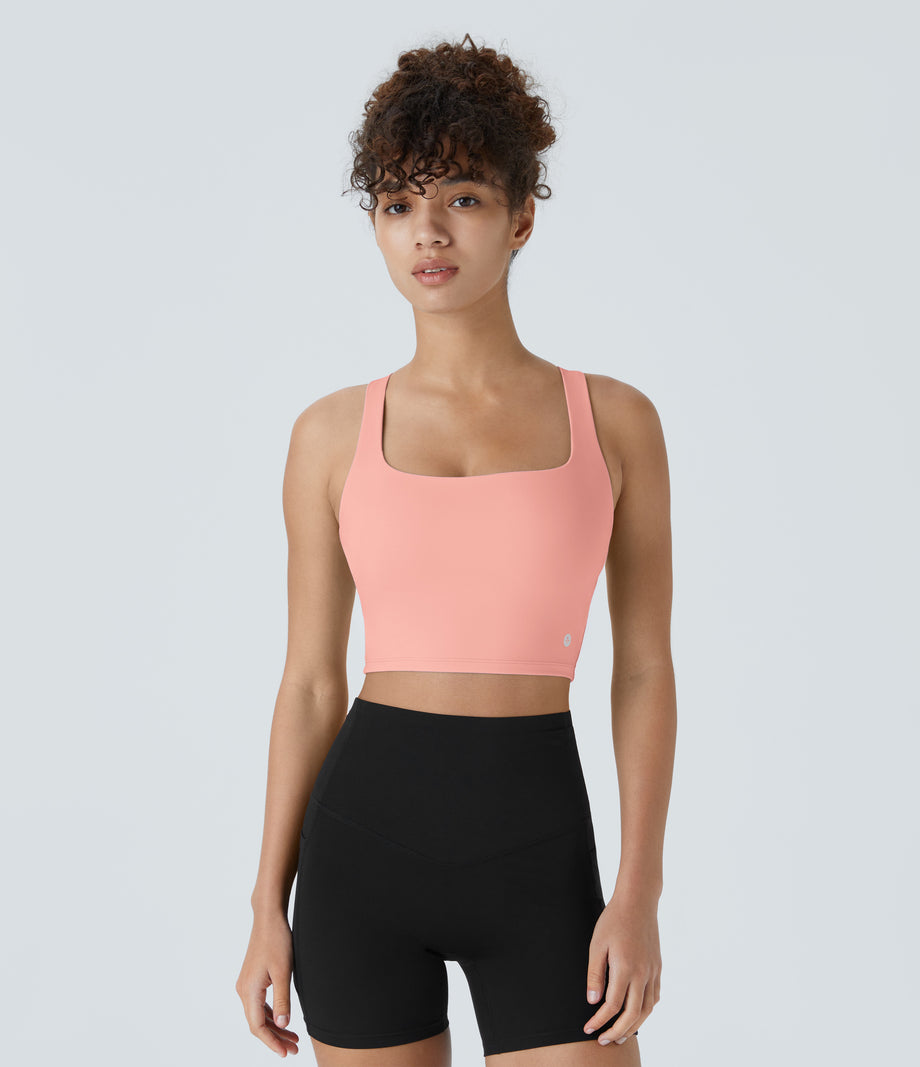 SoftlyZero™ Airy Square Neck Backless Crisscross Cropped Cool Touch Yoga Tank Top-UPF50+ - Peach Melba