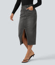 Halara Flex™ High Waisted Pockets Bodycon Washed Denim Casual Midi Skirt - Charcoal Black Denim
