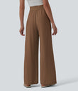 High Waisted Drawstring Wide Leg Casual Linen-Blend Pants with Pockets - Bison
