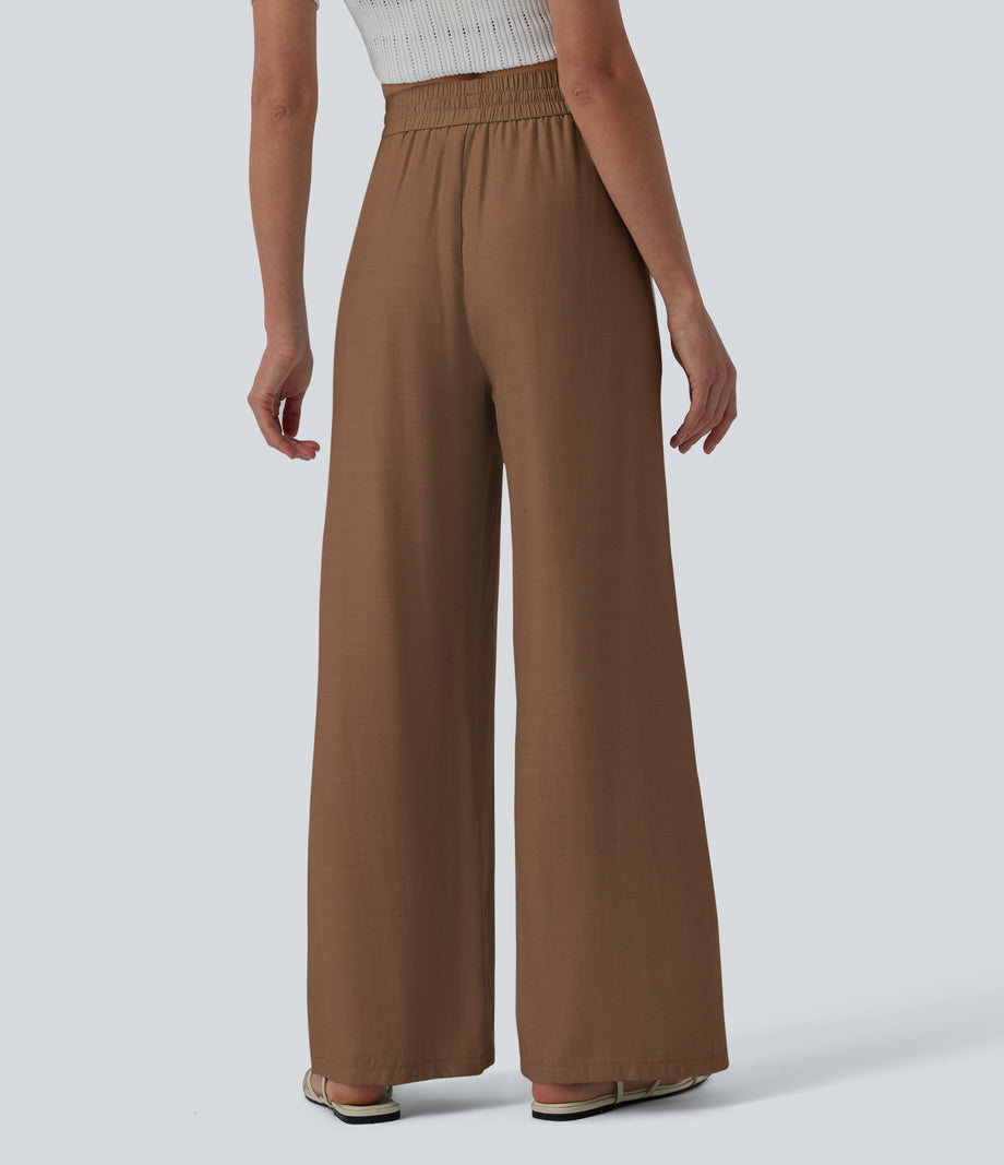 High Waisted Drawstring Wide Leg Casual Linen-Blend Pants with Pockets - Bison
