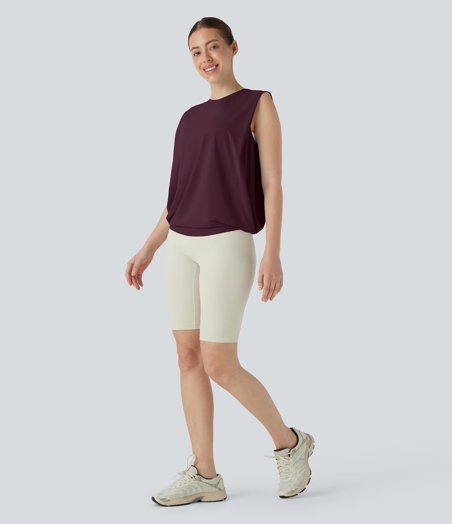 Round Neck Ruched Cool Touch Yoga Tank Top-UPF50+ - Fig