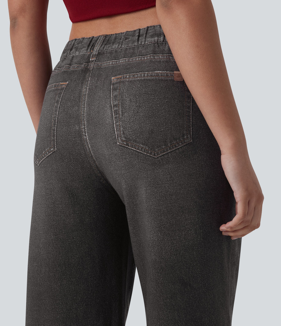 Mid Rise Denim Print French Terry Casual Sweatpants Jeans with Pockets - Distressed Washed Black