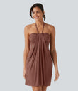 Halter Tie Back Mini Resort Dress with Pockets - Brick Dust